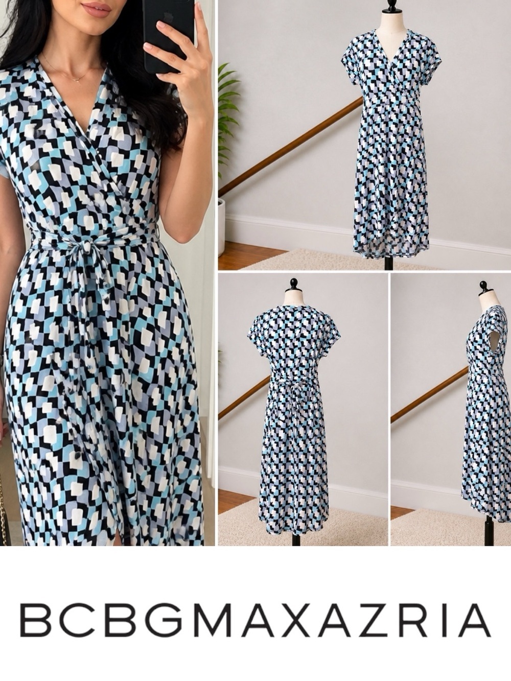 BCBGMaxAzria | EUC Blue White Geometric Print Stretch Wrap Midi Dress (size M)